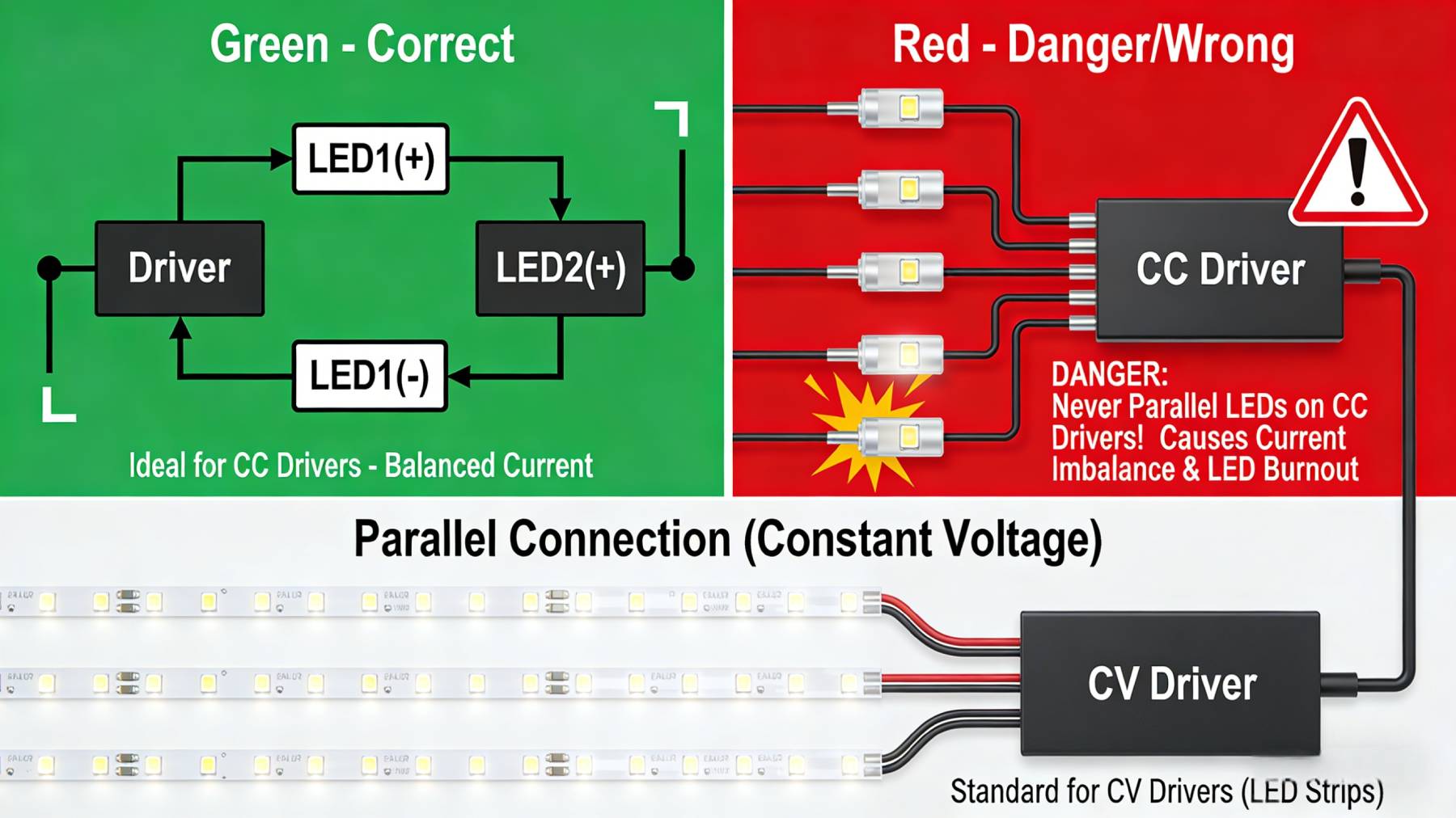 Correct wiring diagram for constant current vs constant voltage LED drivers